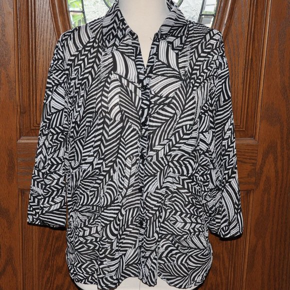Fashion Bug Black & White 3/4 Length Sleeve Button Down Blouse - Picture 1 of 6